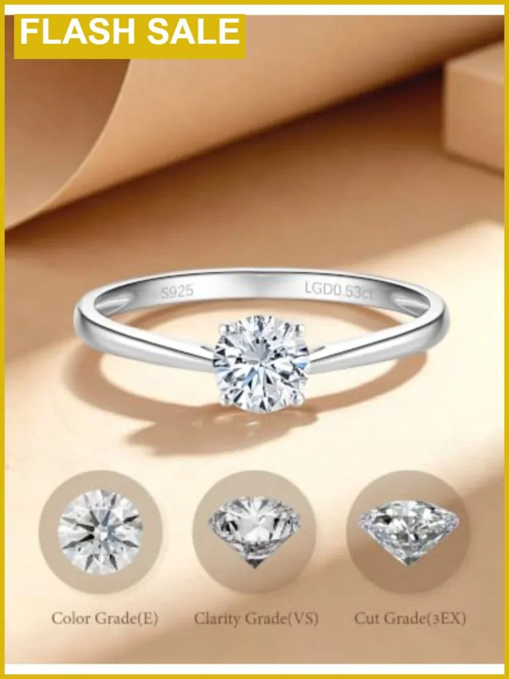 Lab Grown Diamond Engagement Ring 14K Gold Plated Sterling Silver Round Cut